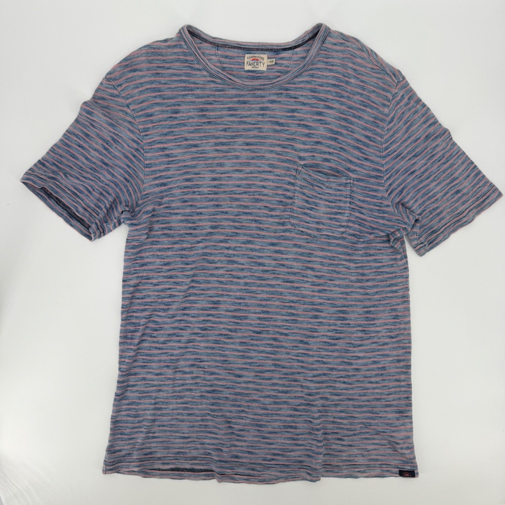Faherty Brand Mens Indigo Dyed Slub Pocket T-Shirt Blue Pink Striped Size M